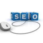 SEO Buzzword Cubes with Computer Mouse – White Background – 3D Rendering